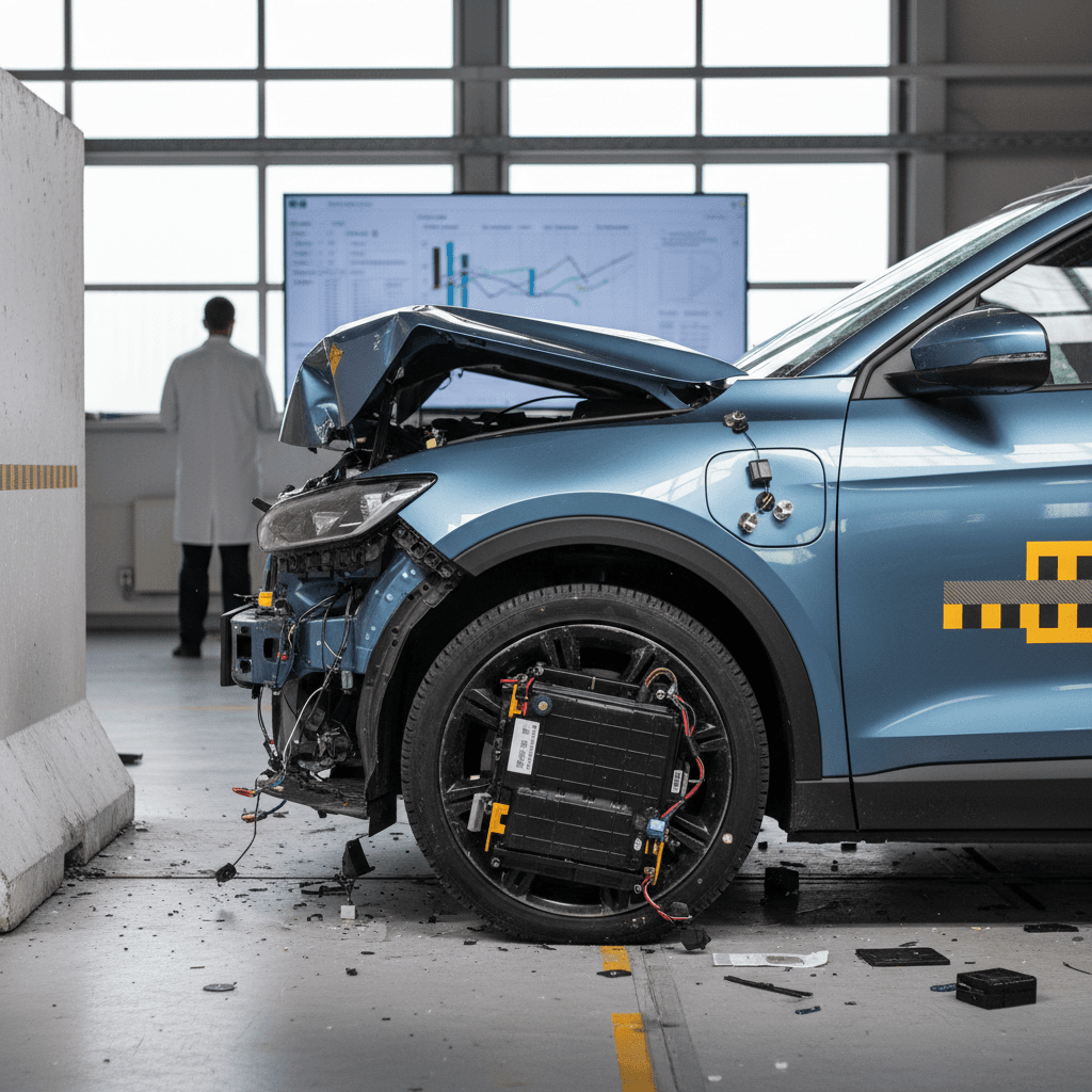 Electric vehicle undergoing a side-impact crash test in a safety lab