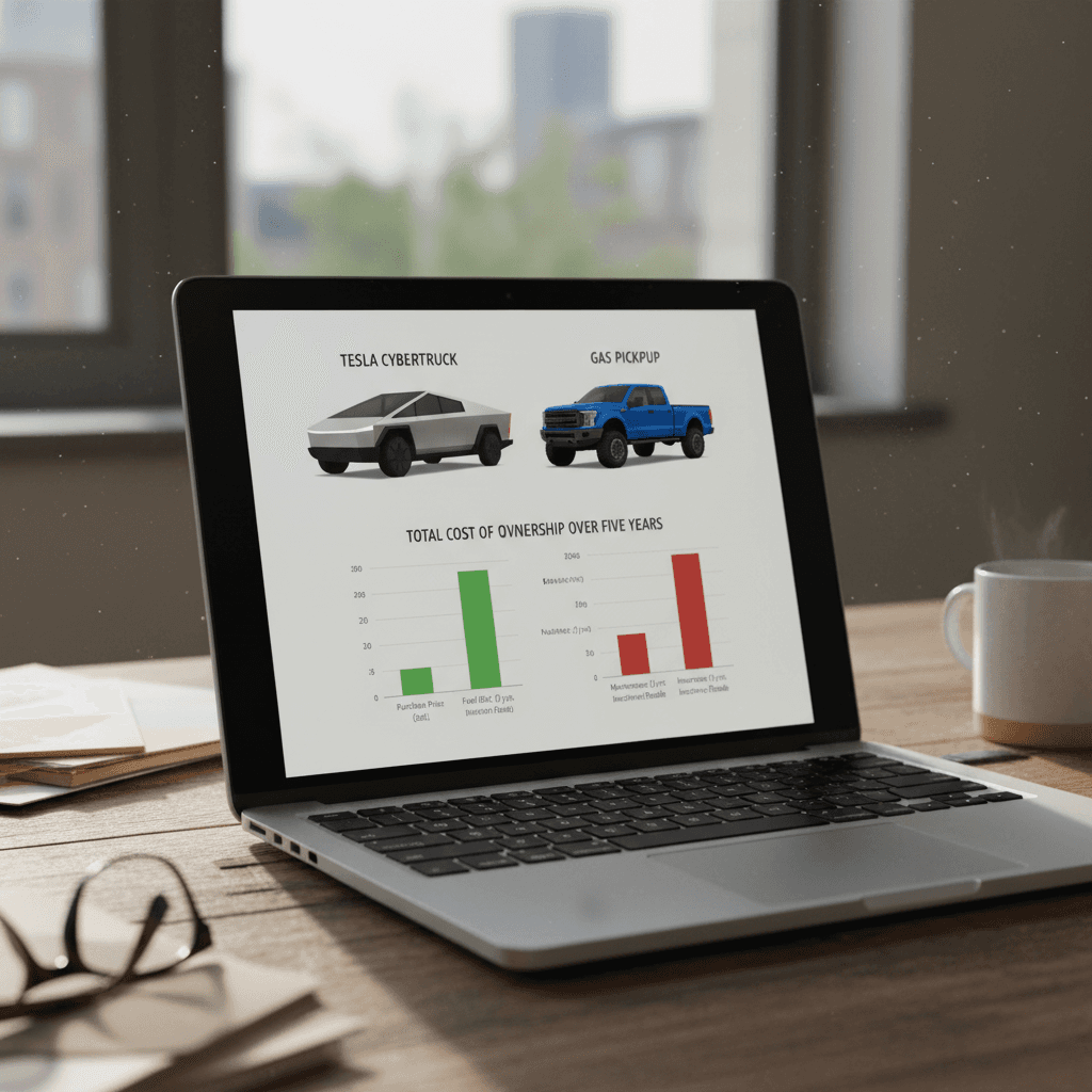 Laptop on a table showing a cost comparison chart between a Tesla Cybertruck and a gas pickup over five years