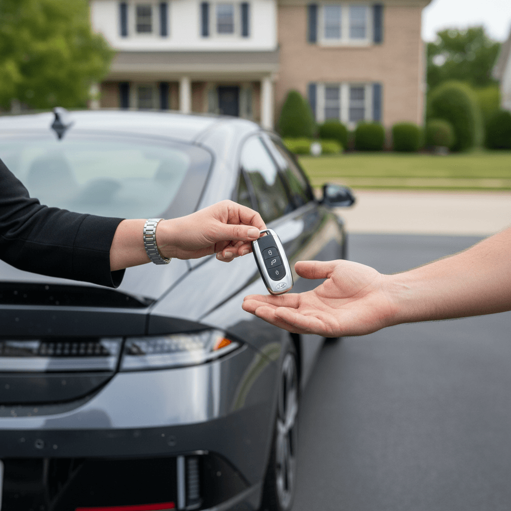 Hyundai Ioniq 6 owner handing keys to a buyer in a suburban driveway