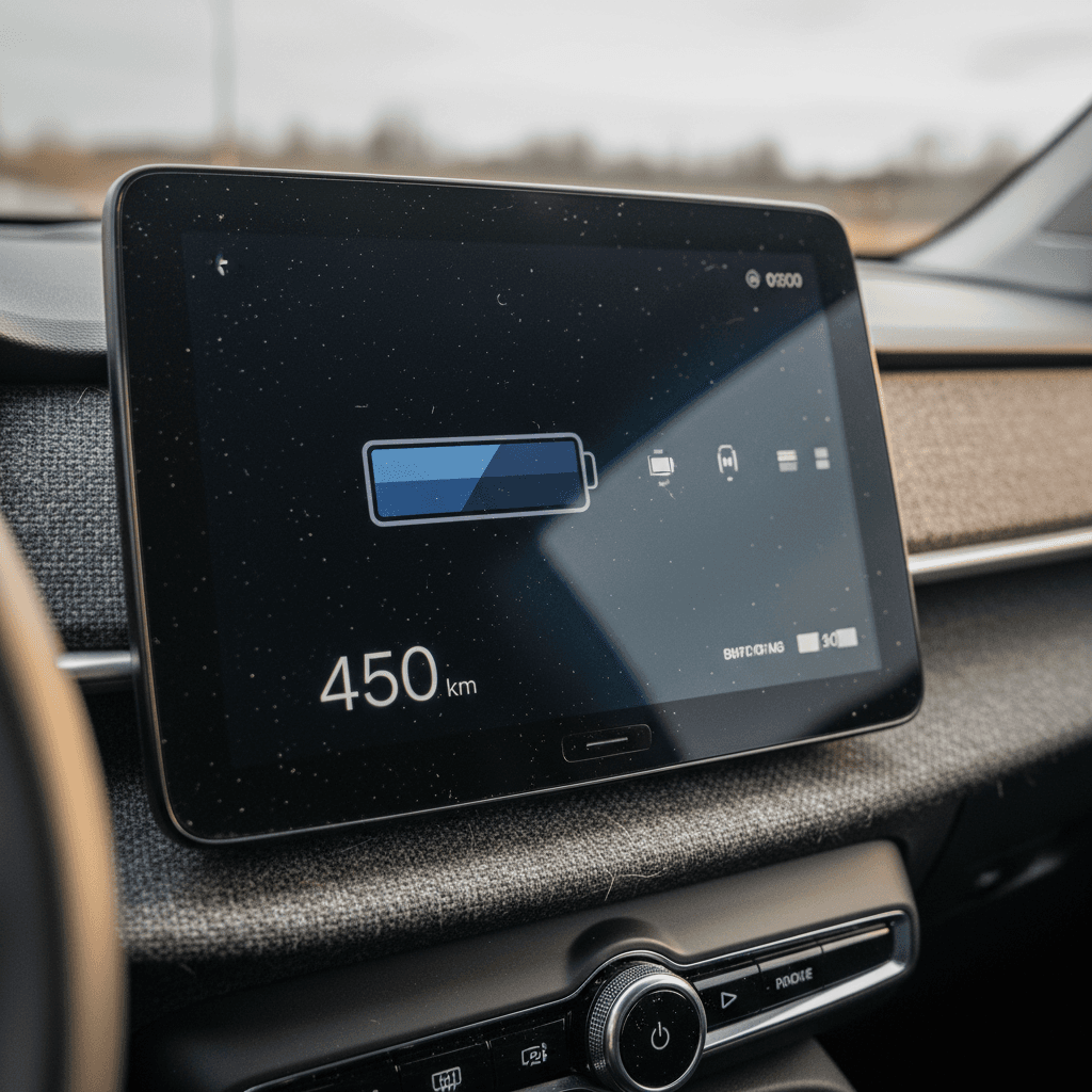 Close-up of the Volvo EX30 driver display showing battery charge level, remaining range, and charging status