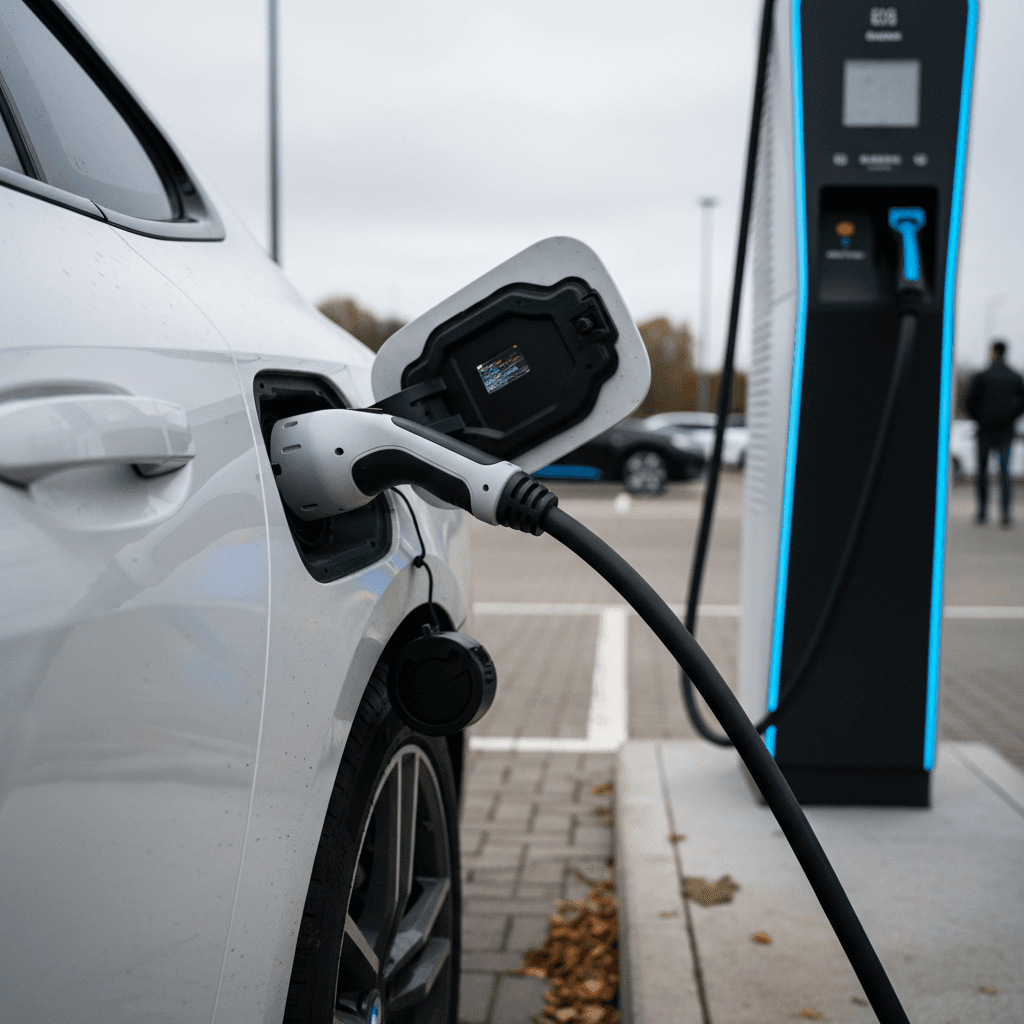 BMW i5 plugged into a home wallbox with focus on the charge port and aerodynamic wheel