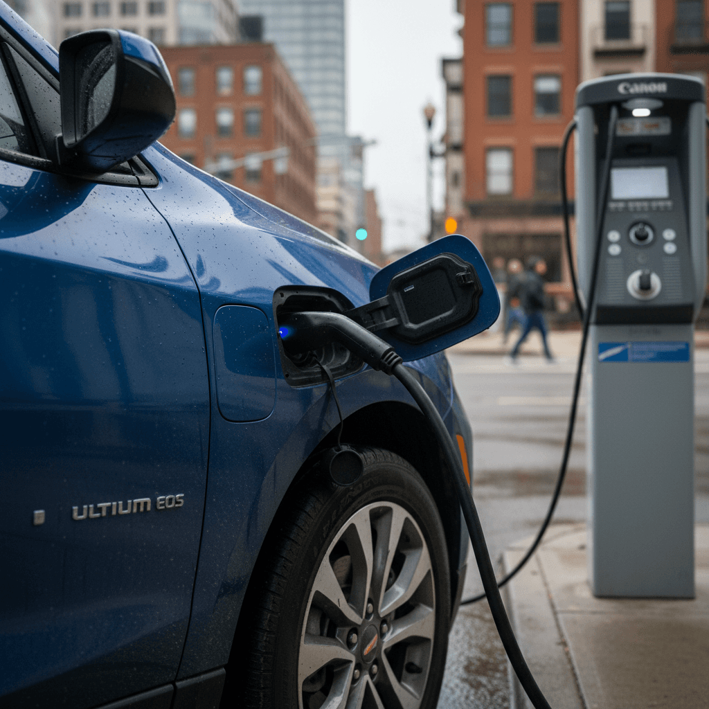 Silver 2025 Chevy Equinox EV plugged into a public DC fast charger in a city parking lot