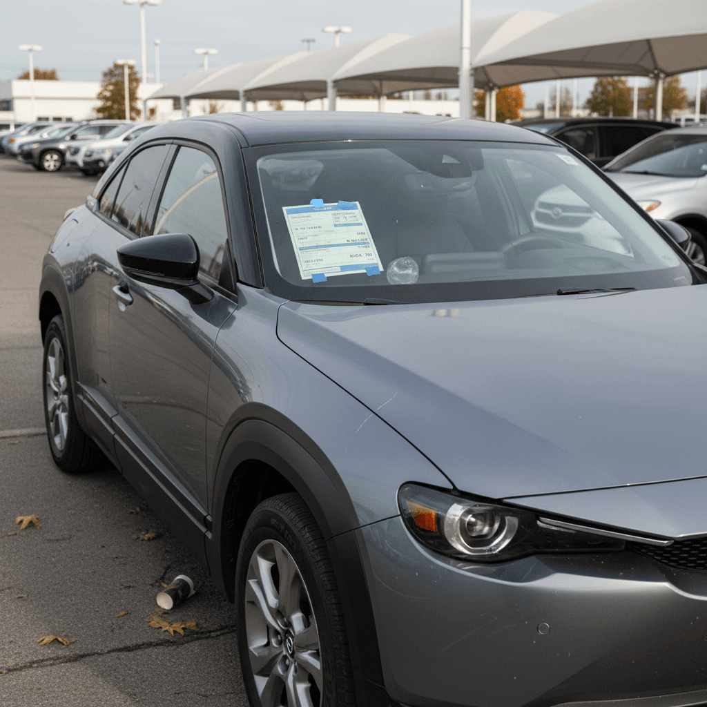 Used Mazda MX-30 parked on a small dealer lot with a price sticker on the windshield
