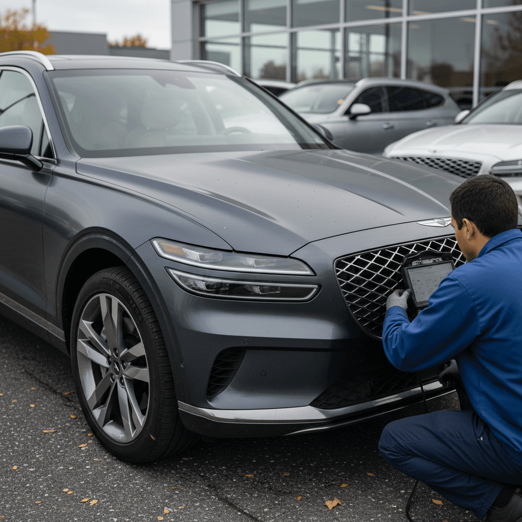 Used Genesis Electrified GV70 being inspected on a dealer lot, highlighting its value as a three-year-old EV SUV