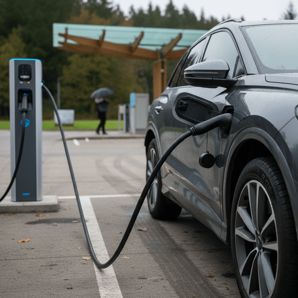 2024 Audi Q4 e-tron charging at a DC fast charger with cable connected to front fender port