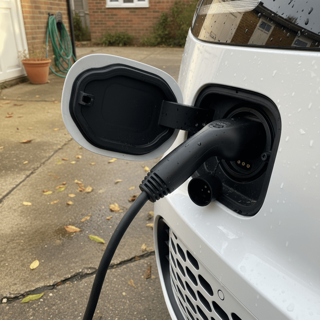 Volkswagen ID. Buzz plugged in to a home charger with focus on the charging port and cable