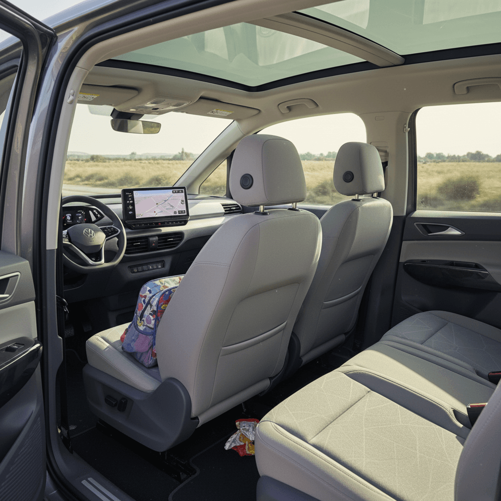Three-row interior of a 2024 Volkswagen ID. Buzz showcasing spacious seating and large touchscreen