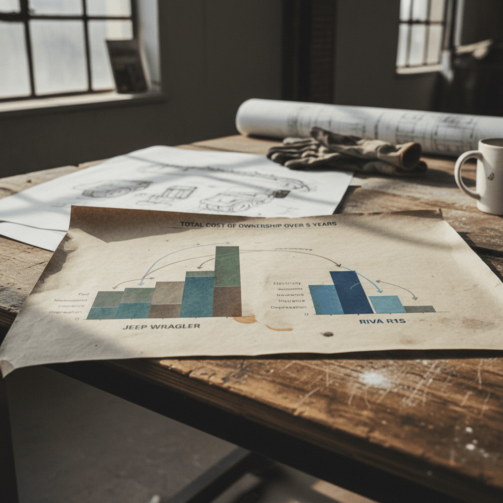 Side‑by‑side bar chart comparing 5‑year total cost of ownership for Jeep Wrangler and Rivian R1S, highlighting fuel vs. electricity, depreciation, and maintenance