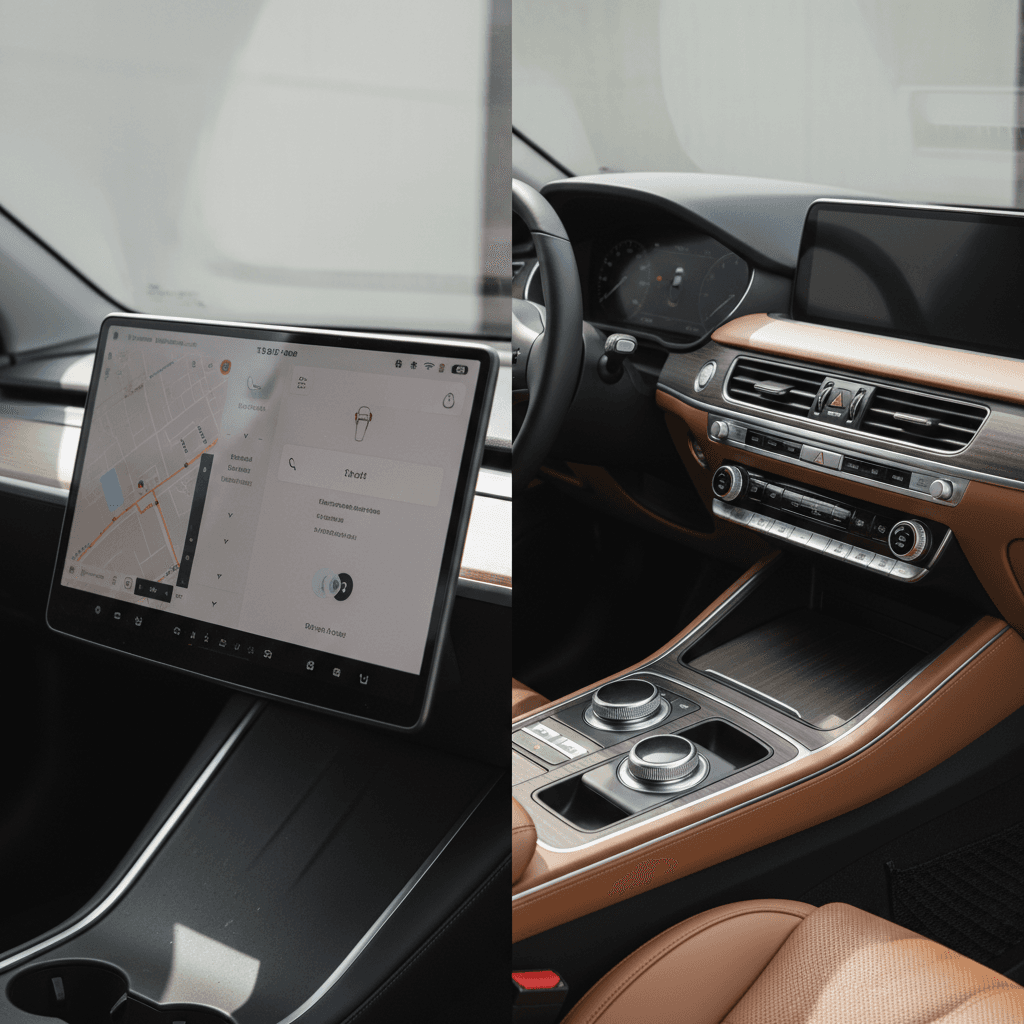 Side-by-side interiors of a Tesla Model 3 and a Genesis Electrified G80 showing the minimalist Tesla dashboard and the more traditional wood-and-leather Genesis cabin