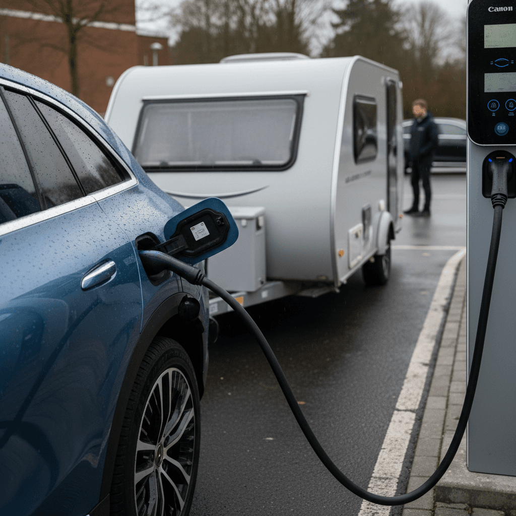 Mercedes EQE SUV connected to a compact travel trailer at a public fast charging station