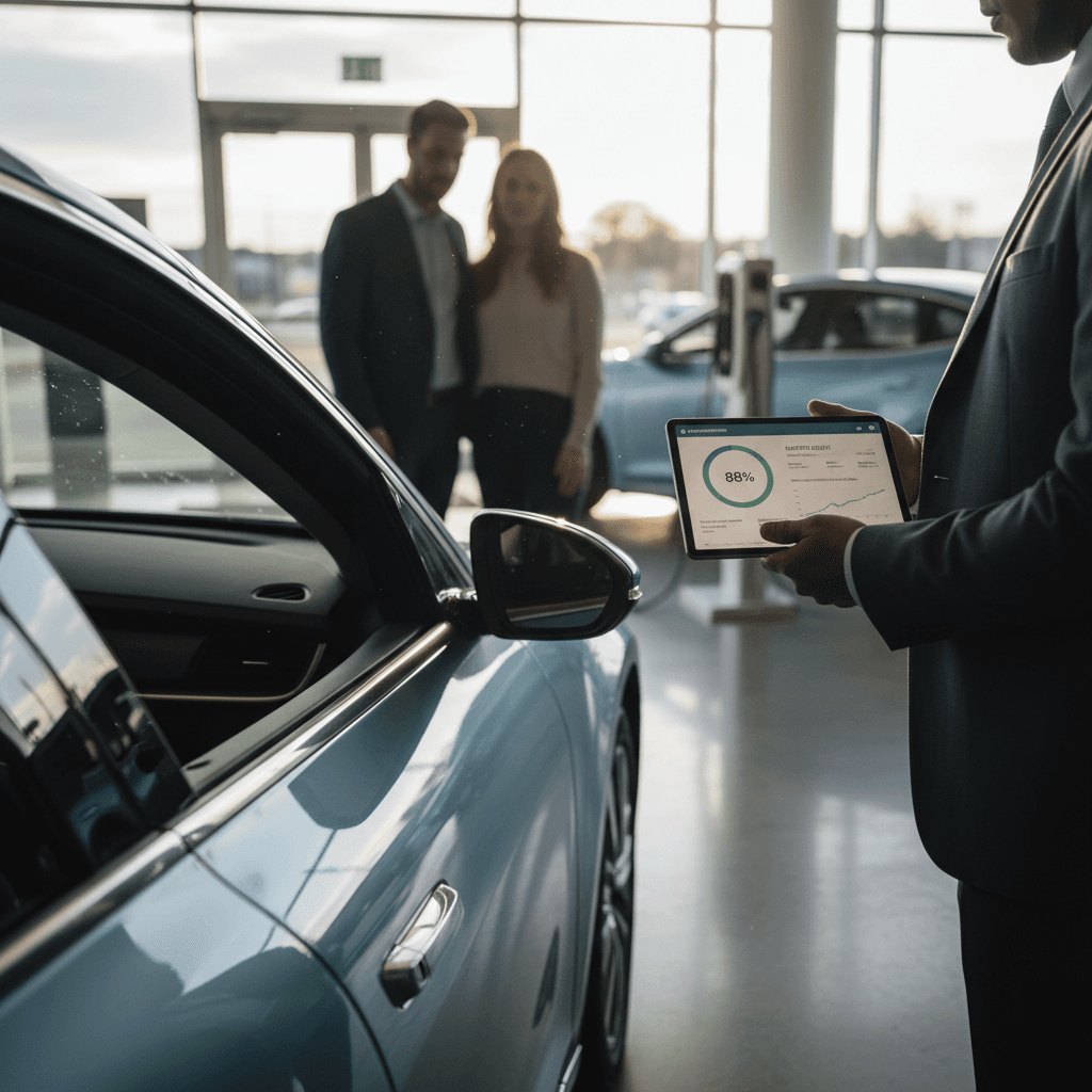 Salesperson explaining electric car features to a couple at a modern EV dealership