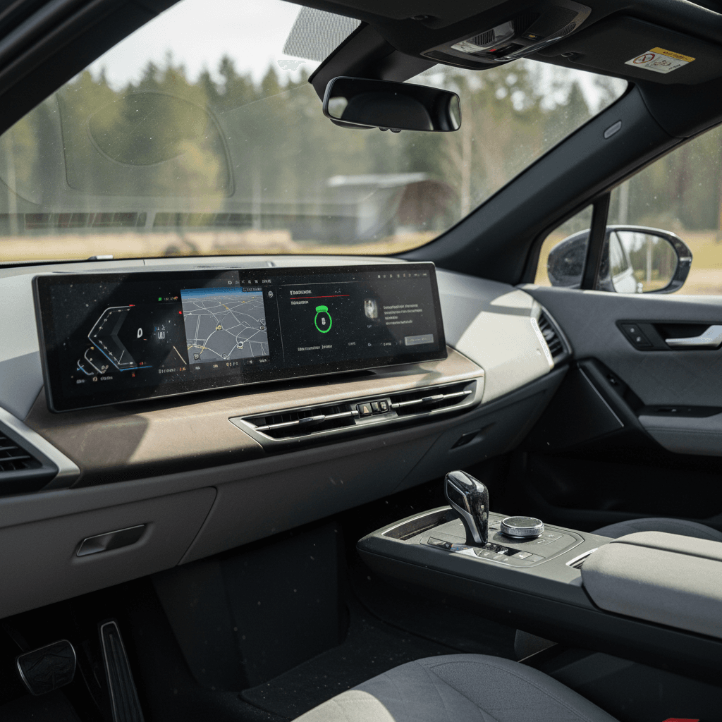 Minimalist BMW iX interior highlighting the dual widescreen display and lounge-like seating