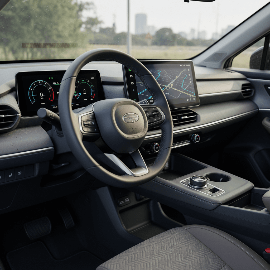 Digital instrument cluster of a modern electric SUV showing battery state of charge and estimated range