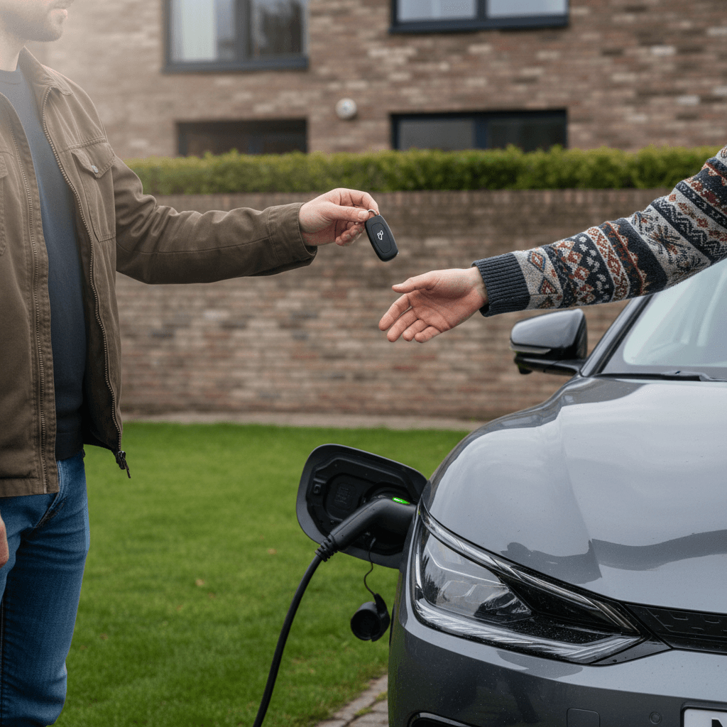 Kia EV6 owner handing keys to a buyer in front of a home with a visible home charger, highlighting a successful sale