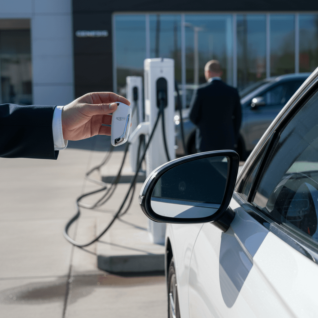 Genesis Electrified GV70 owner handing keys to an EV specialist outside a modern dealership with charging stations