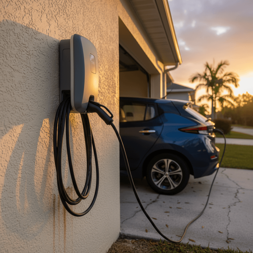 Level 2 home charging station installed on the exterior wall of a Florida-style home with a used electric vehicle plugged in