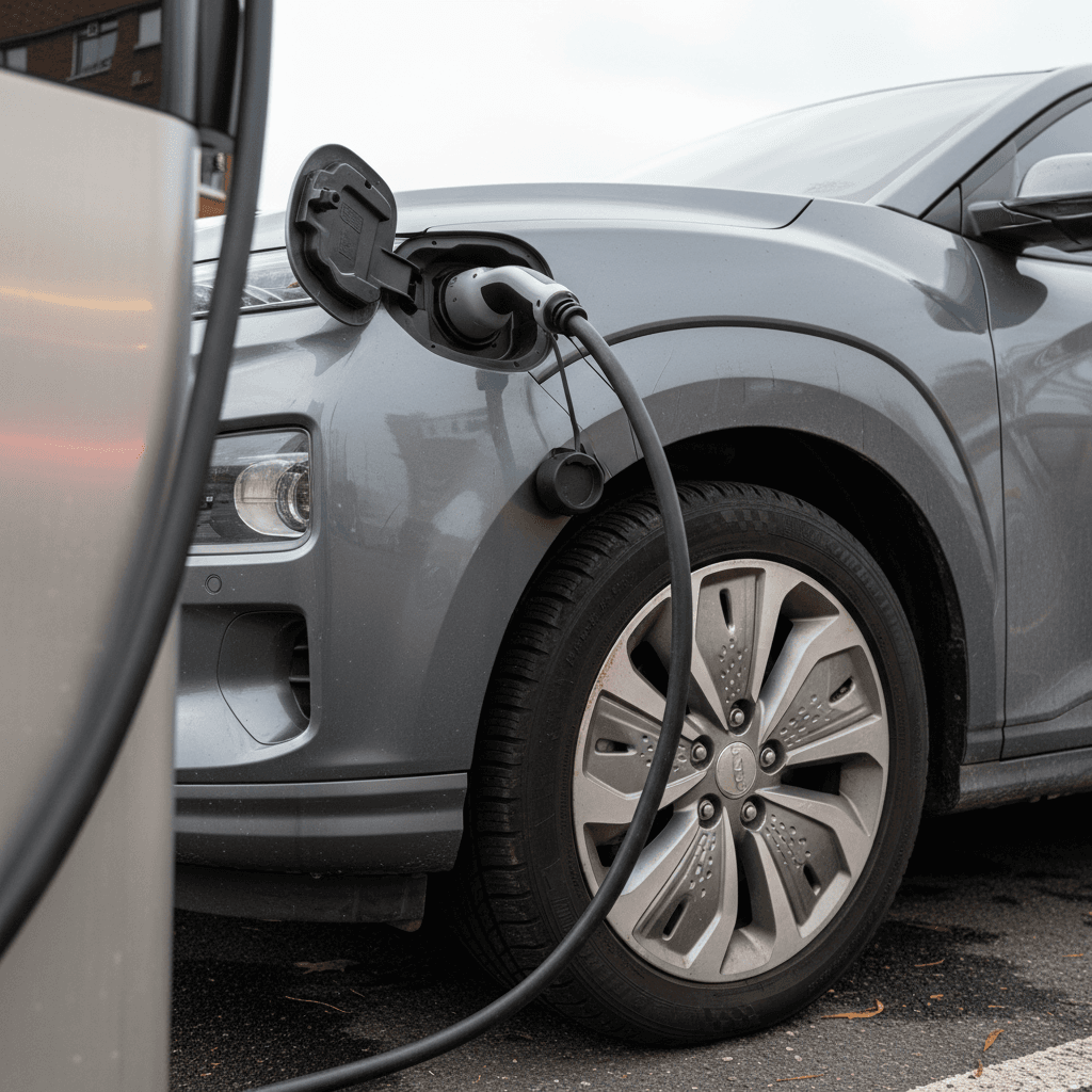 2019 Hyundai Kona Electric plugged into a DC fast charger showing battery status on the dashboard