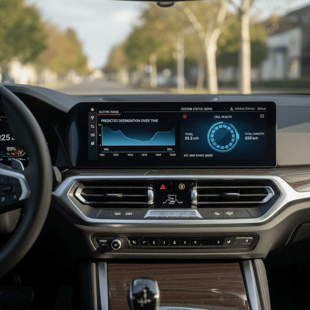 BMW i4 digital cluster and central display showing battery charge and remaining driving range while parked in a driveway