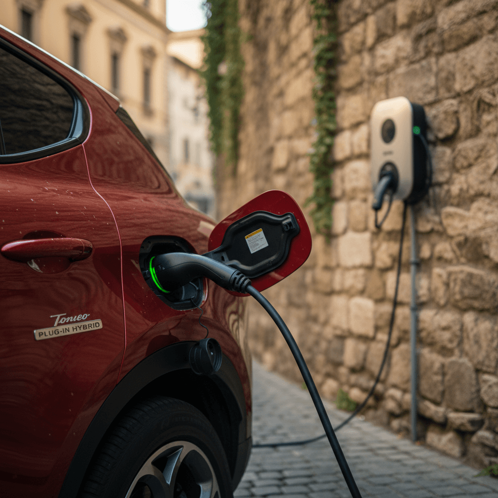 Alfa Romeo Tonale plug-in hybrid SUV parked near an EV charging point
