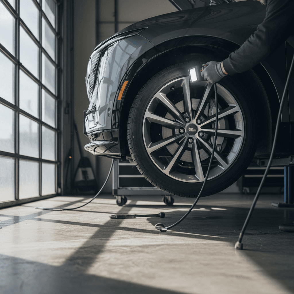 Cadillac Lyriq raised on a lift as a technician checks the tires and brakes in a dealership service bay