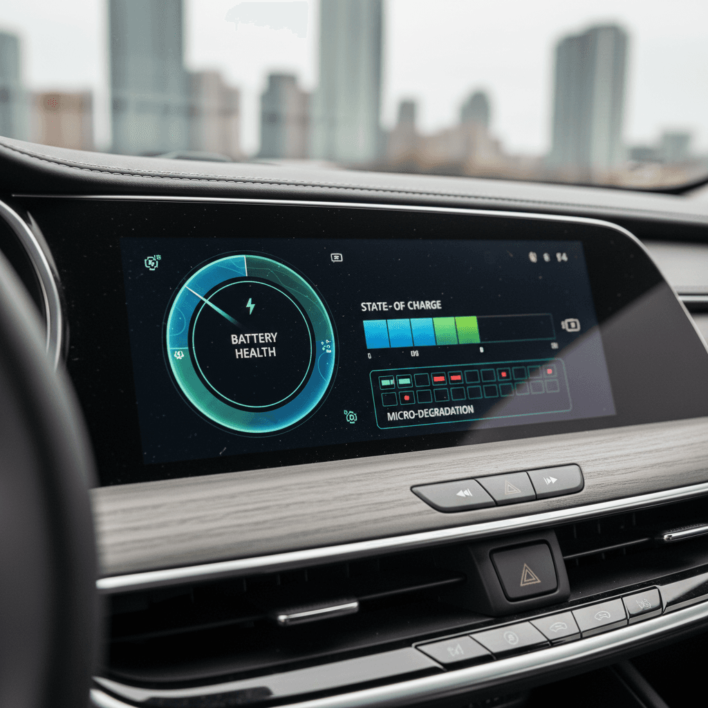 Electric vehicle dashboard display showing battery health and energy information