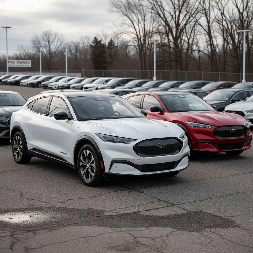 Row of used 2023 Ford Mustang Mach-E electric SUVs parked on a lot, showing different colors and trims
