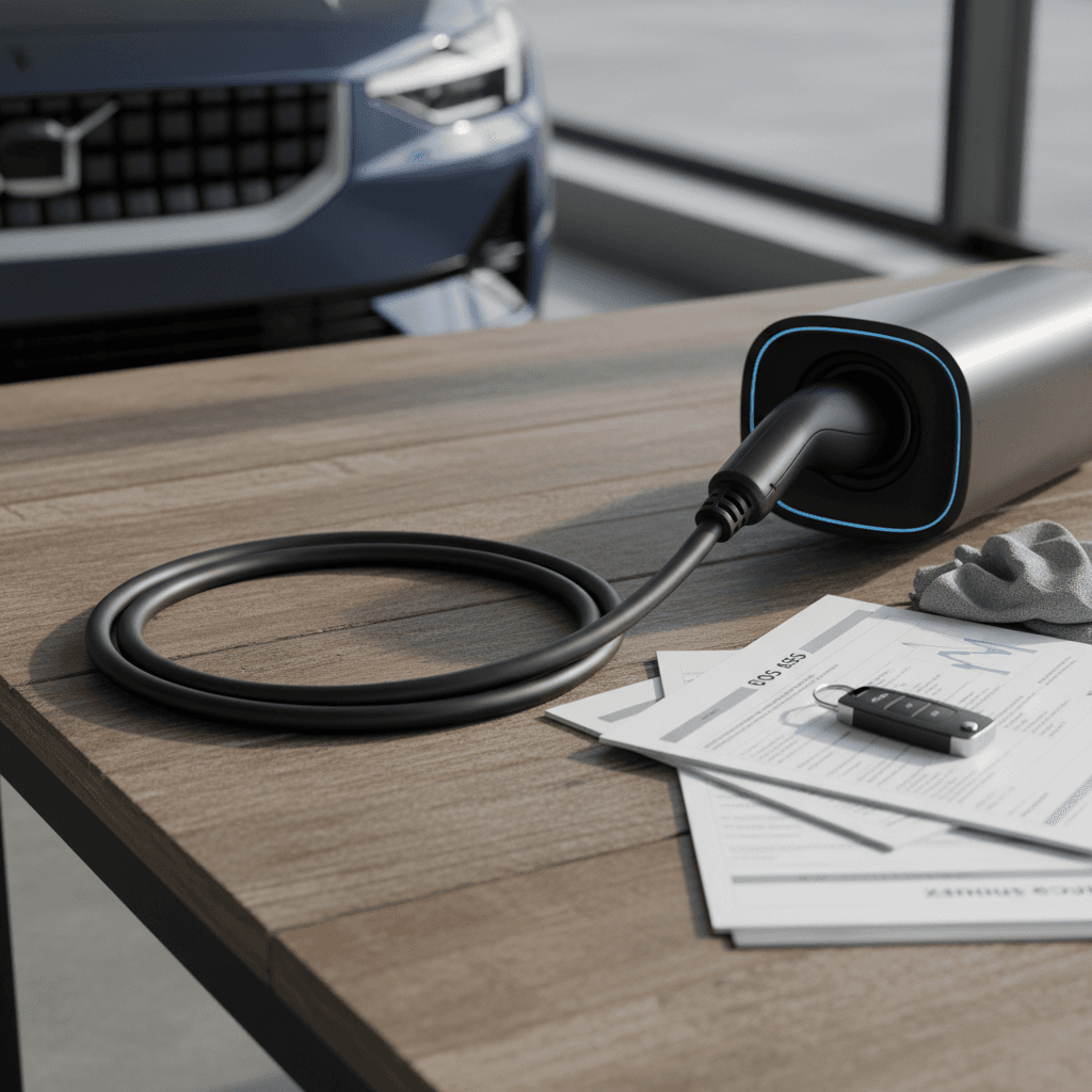 Polestar 3 charging with cable coiled neatly beside keys and paperwork, prepared for sale