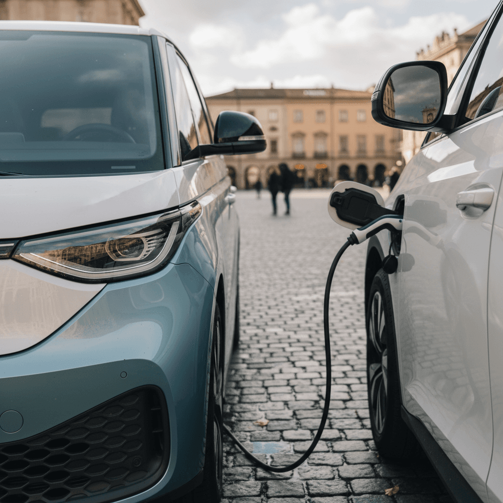 Volkswagen ID. Buzz electric van parked at a charging station