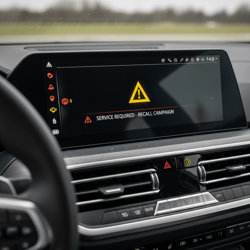 BMW i4 digital cluster showing service or recall notification message while parked