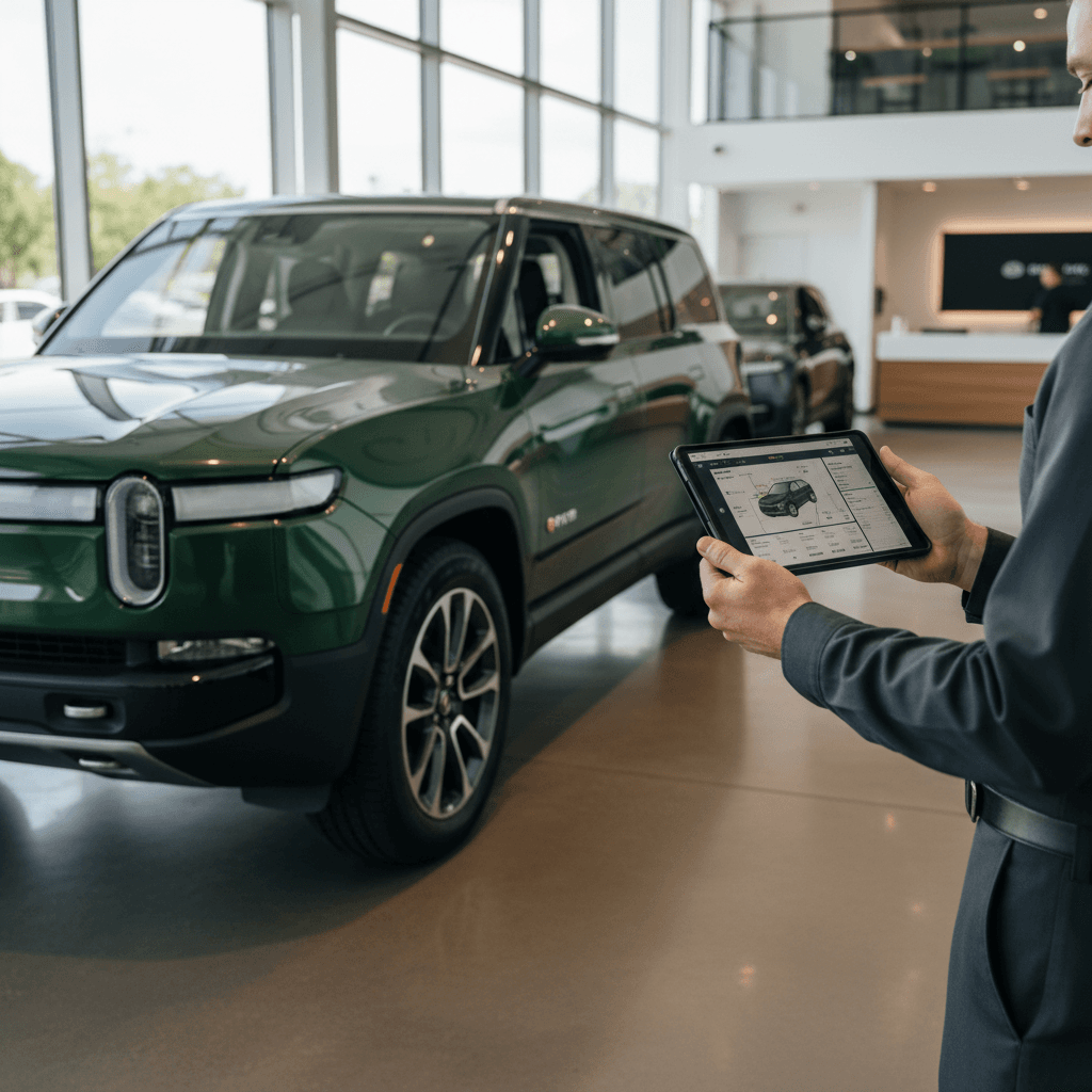 Owner photographing a clean Rivian R1S in a driveway, capturing wheels and interior for an online listing