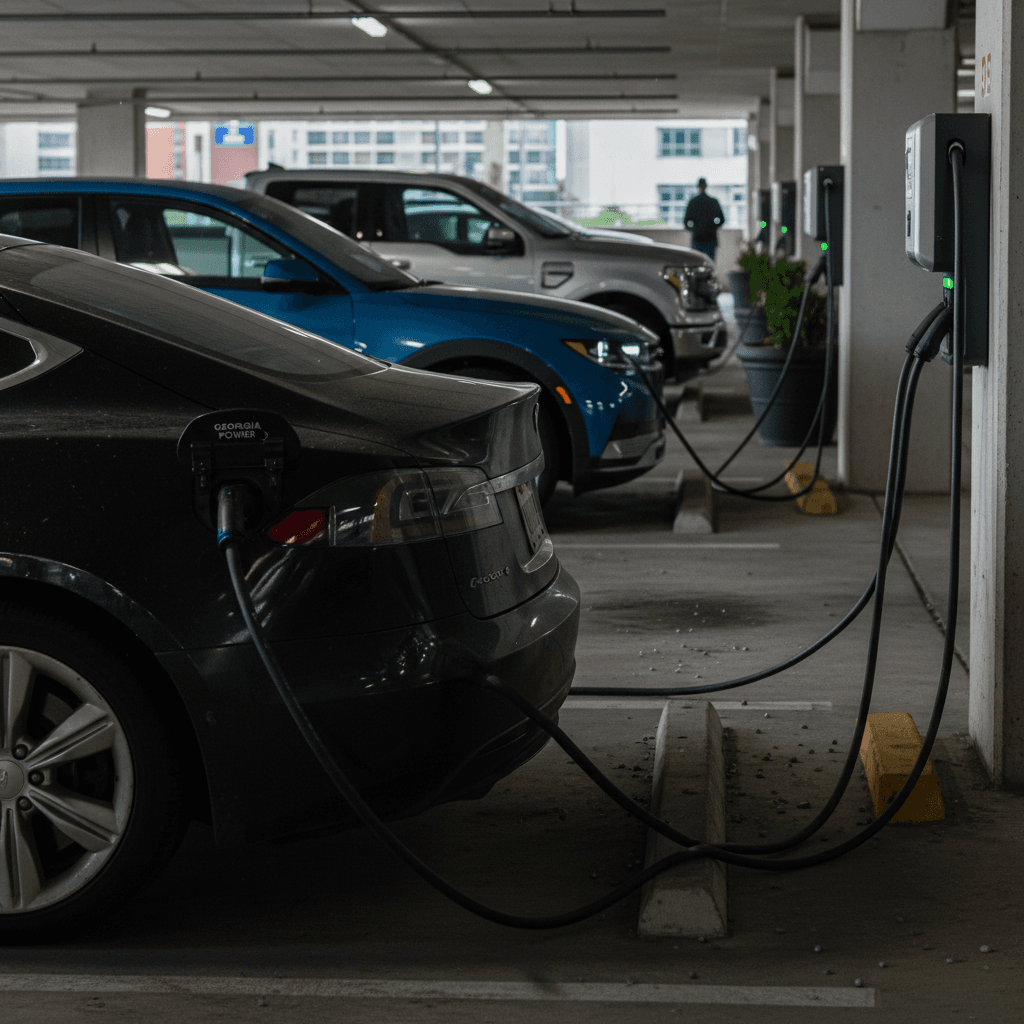 Several electric vehicles parked and charging at a mix of Level 2 and DC fast chargers in a multi-level Atlanta parking garage