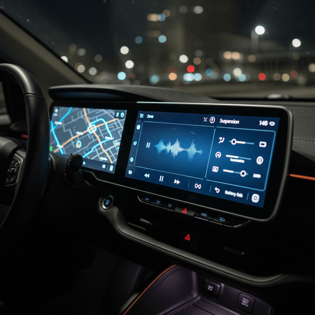 Close-up of an electric car infotainment screen showing navigation and media controls on a dark background