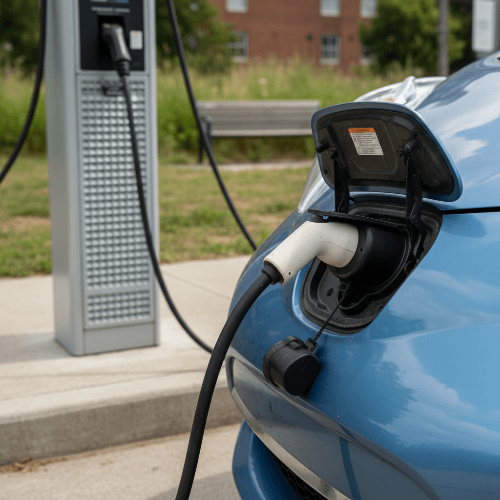 Close‑up of Nissan Leaf charge ports with J1772 and CHAdeMO connectors at a public station