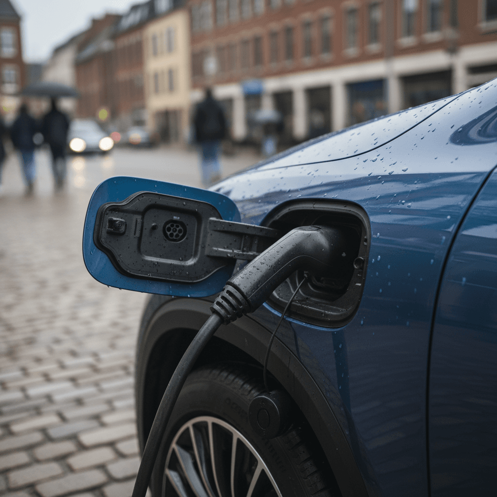 Electric SUV plugged into a DC fast charger at night in a modern station