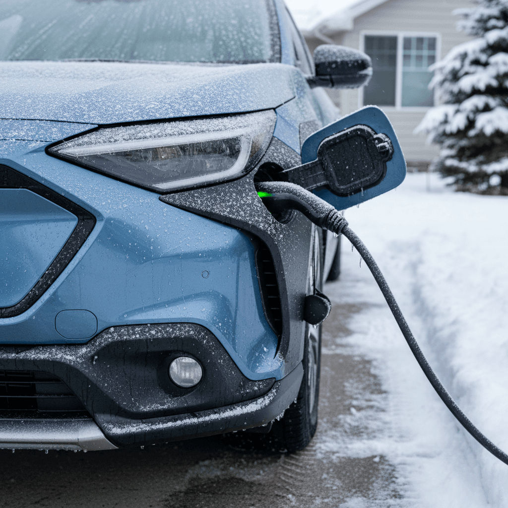 Subaru Solterra charging outside a house in snowy weather, with visible frost on the car and charging cable