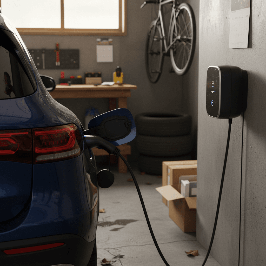 Porsche Taycan charging at a home wallbox while the owner checks charging cost and battery health on a smartphone app
