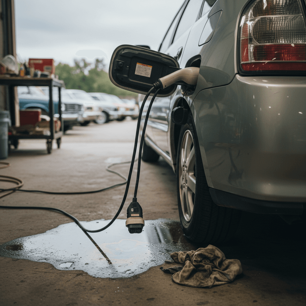 Early 1900s vintage car in a museum, similar to the first Lohner-Porsche hybrid