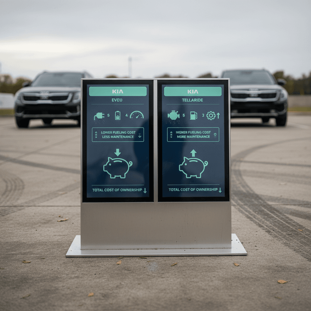 Side by side infographic showing key cost differences between a Kia EV9 and Kia Telluride over several years of ownership