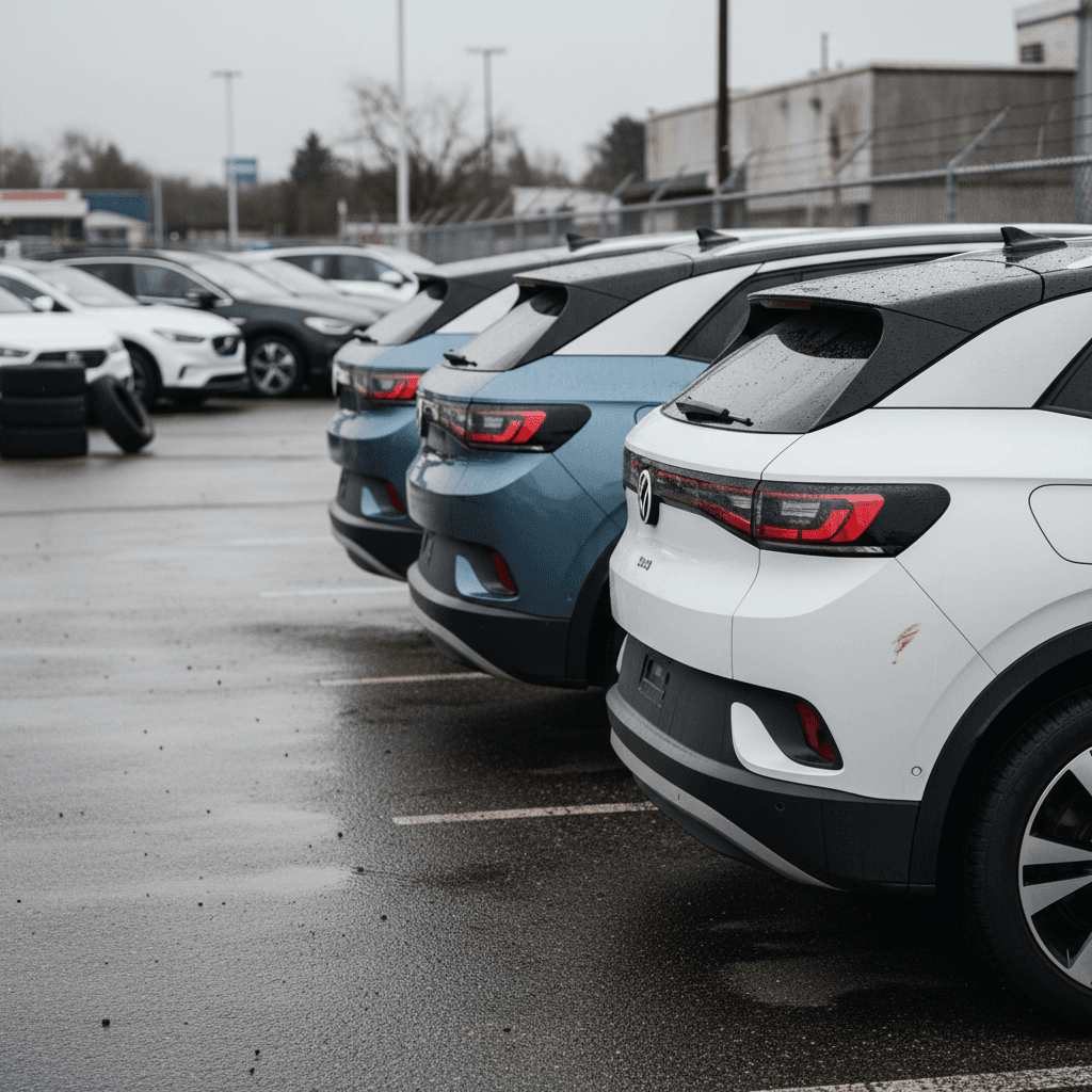 Row of used Volkswagen ID.4 electric SUVs parked at a dealership lot, illustrating current 2026 resale market conditions