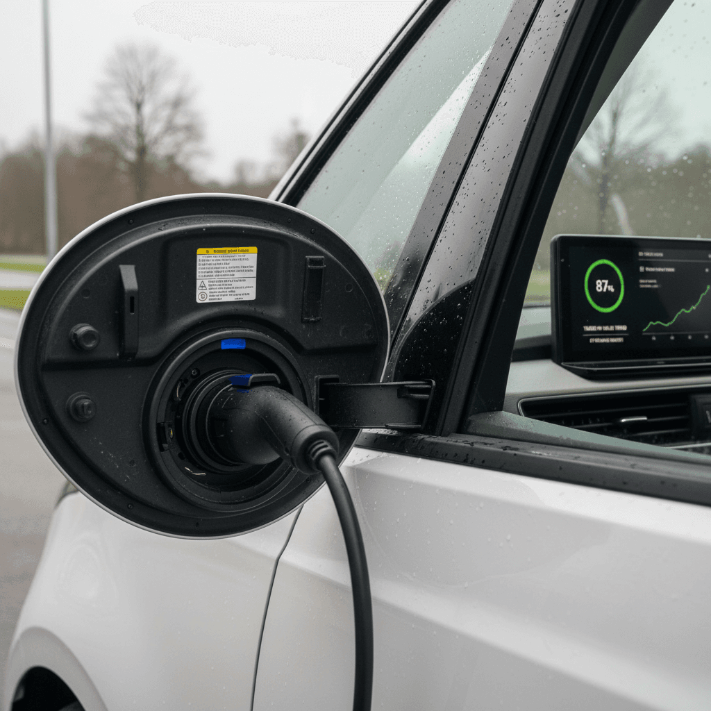 Close-up of a Volkswagen ID. Buzz charging port and digital display, highlighting battery status before trade-in.