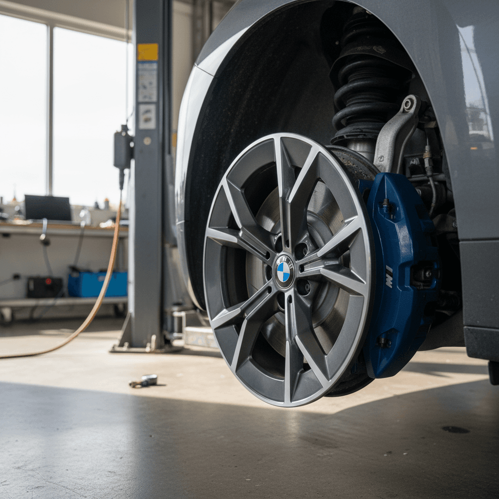 Close view of a BMW iX wheel, brake caliper and suspension components on a lift in a modern service bay