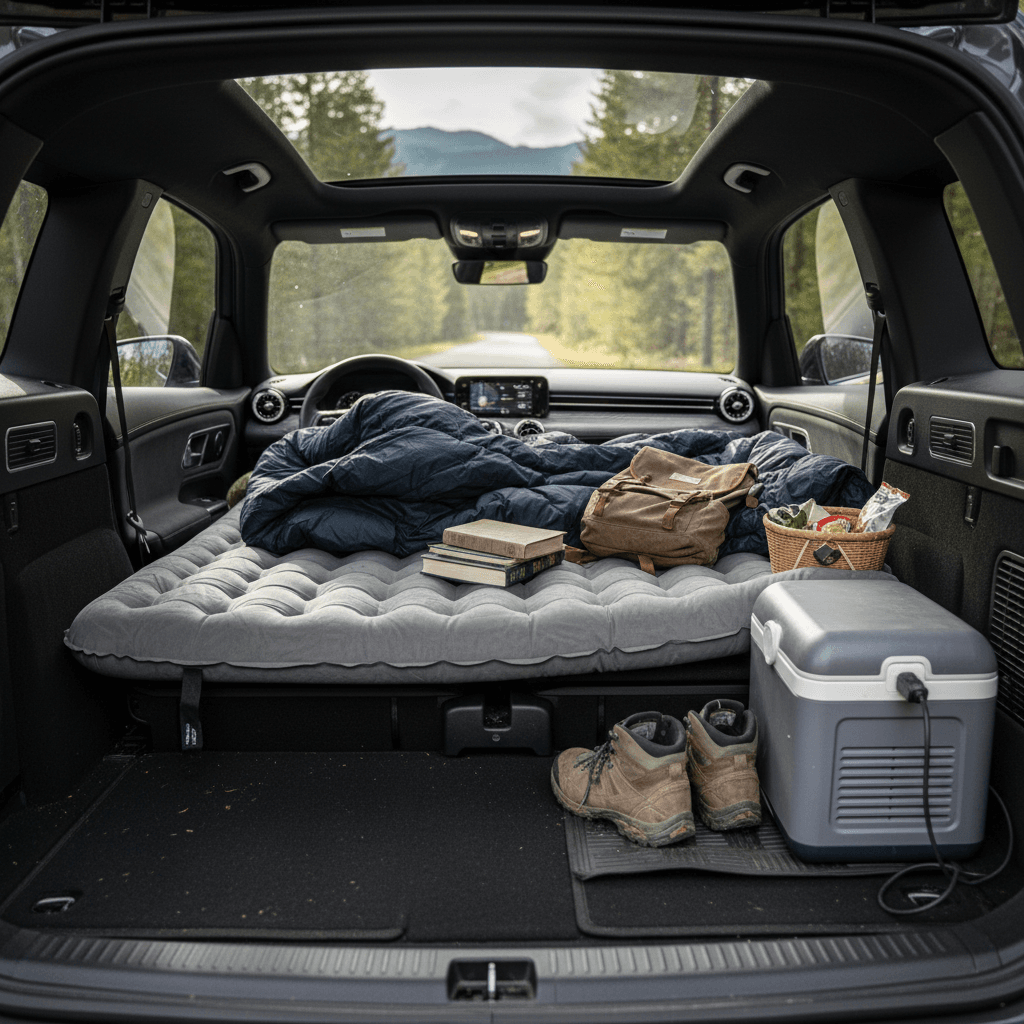 Mercedes EQB rear seats folded down showing a mostly flat cargo area suitable for a camping mattress