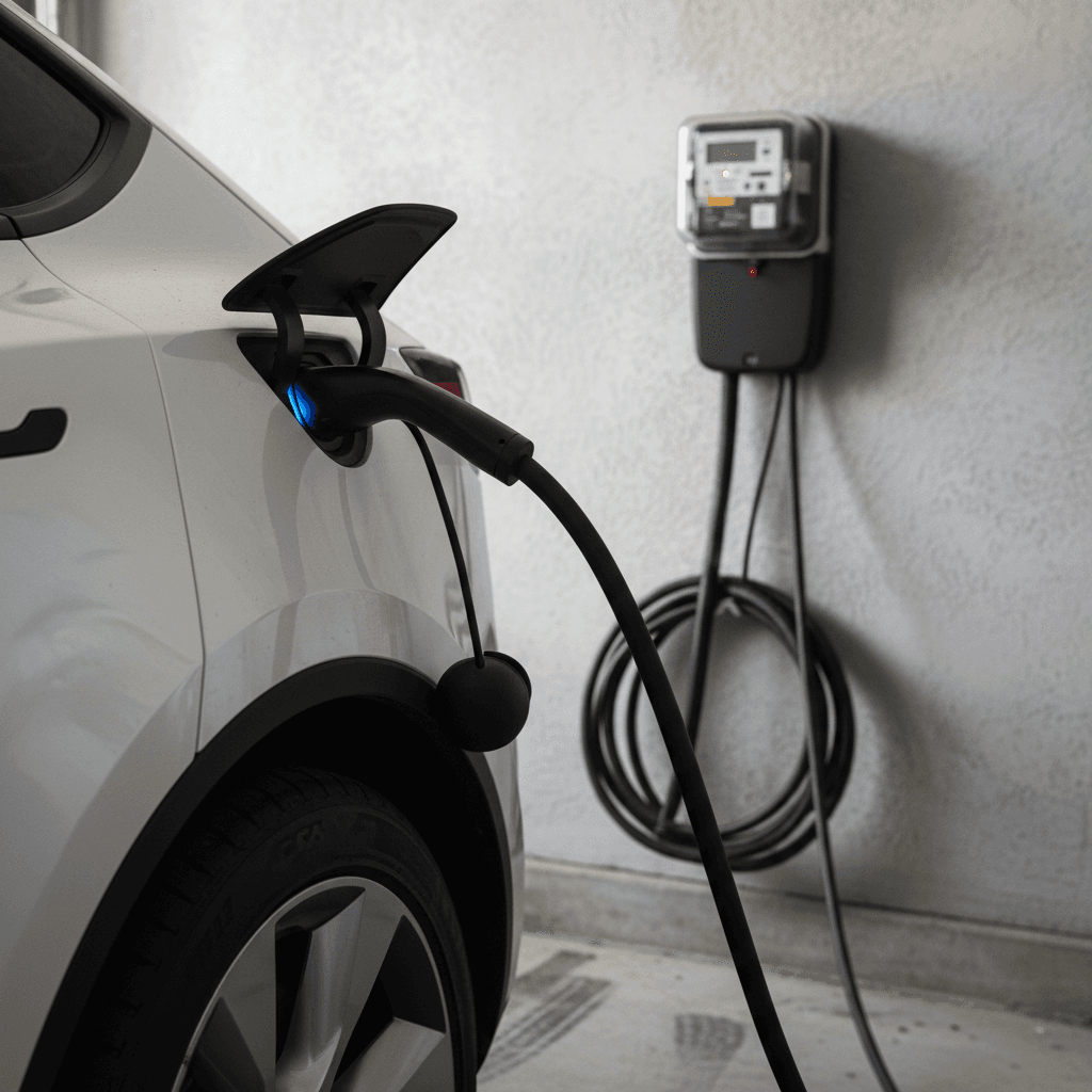 Tesla Model Y plugged into a home wall charger with an energy meter visible, illustrating home charging costs per mile
