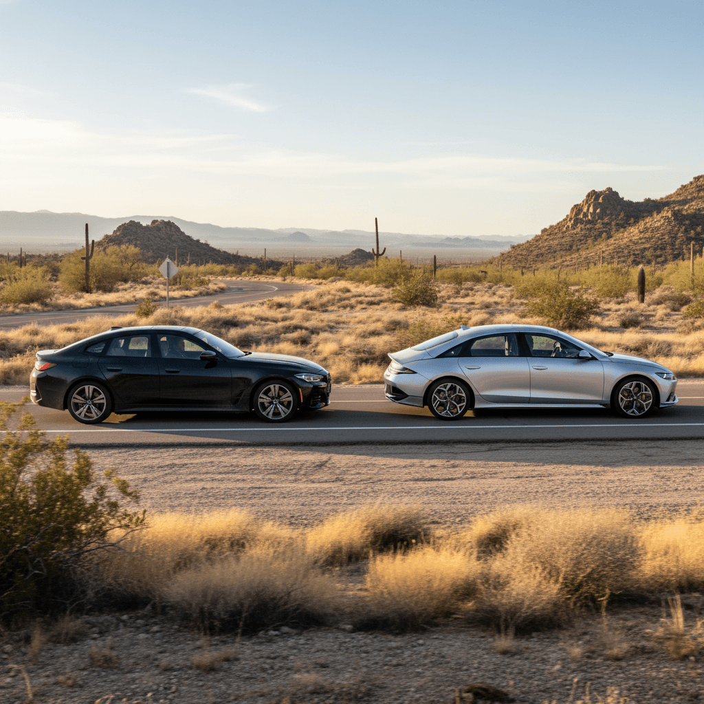BMW i4 hatchback and Hyundai Ioniq 6 sedan parked side by side highlighting their different silhouettes