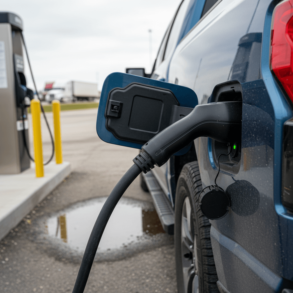 Ford F-150 Lightning plugged into a DC fast charger at a highway charging station