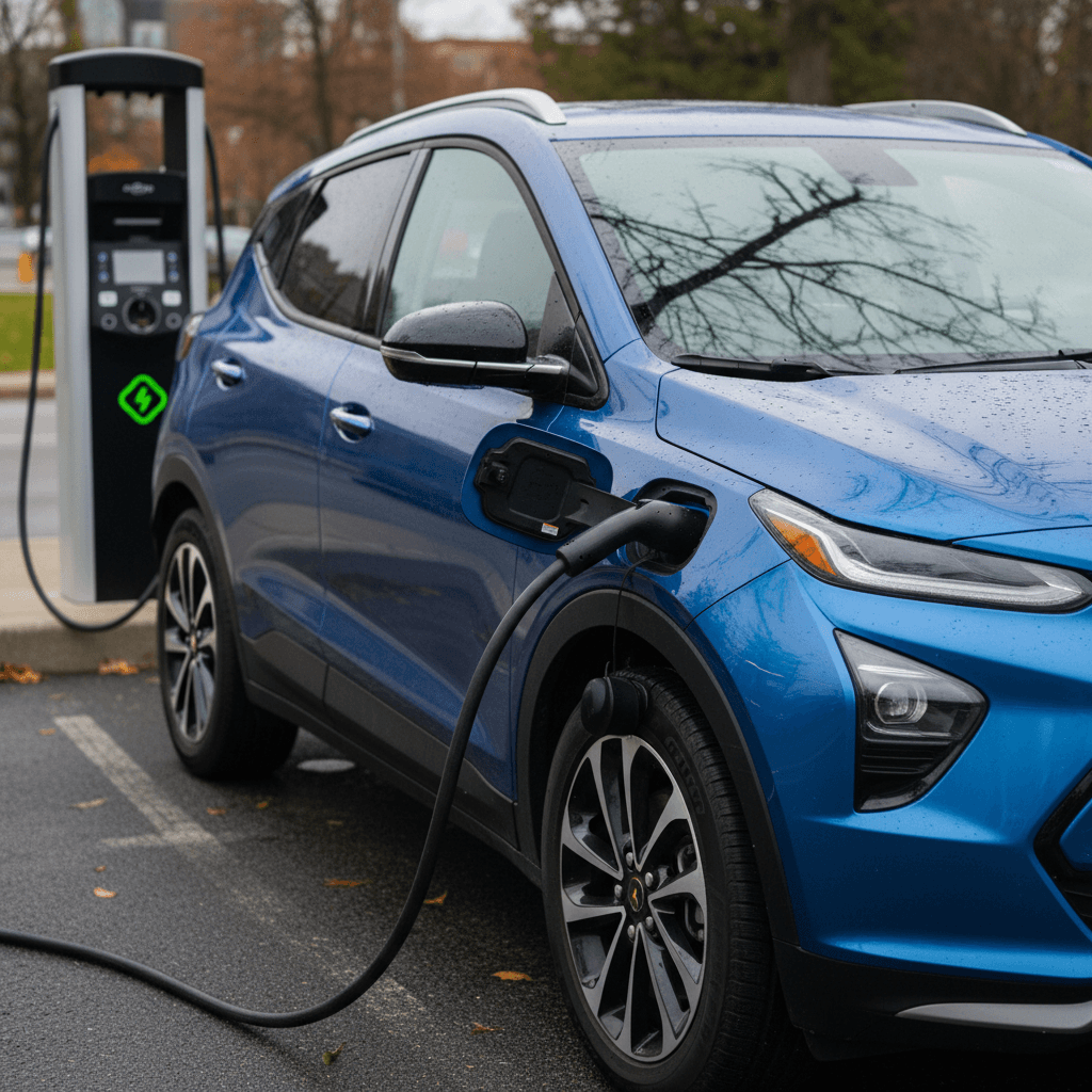 Electric vehicle charging on a Level 2 home charger mounted in a residential garage