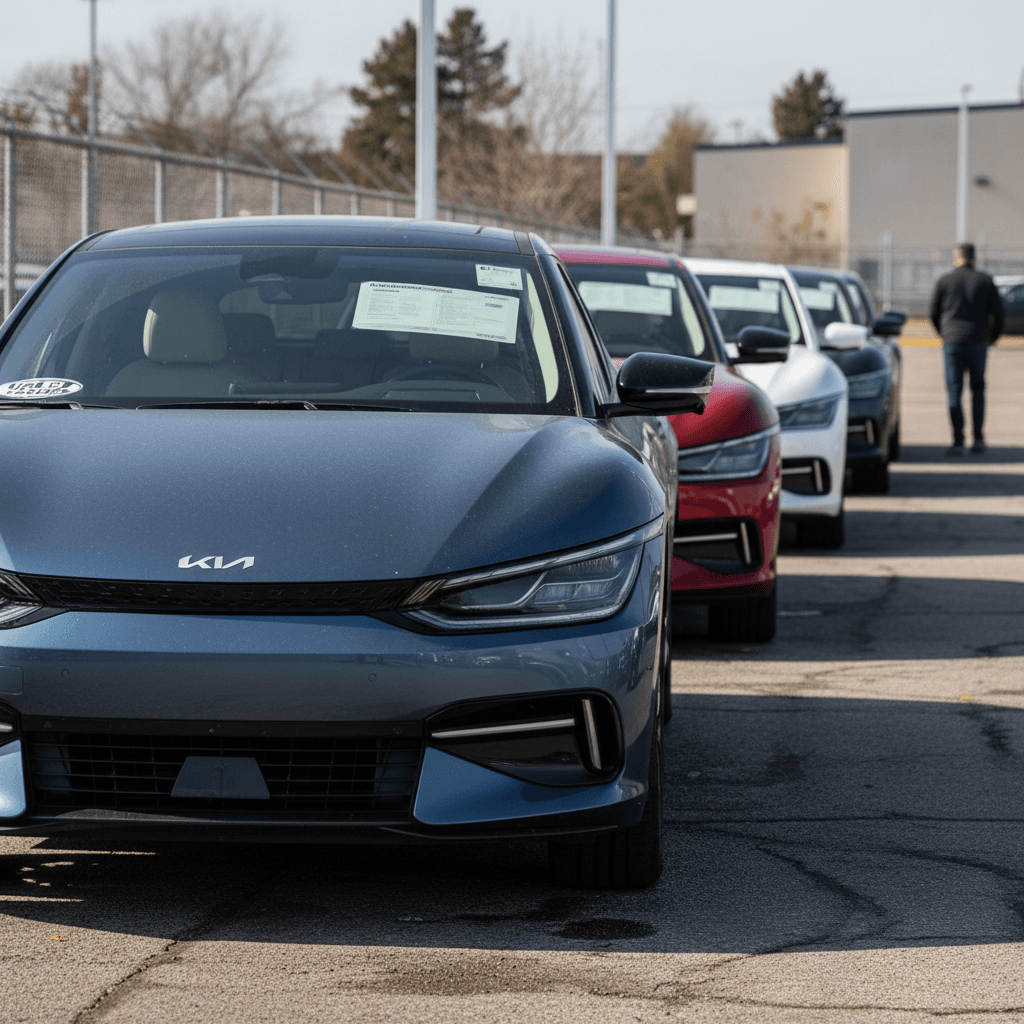 Row of used Kia EV6 crossovers parked at a dealership with price stickers on the windshields