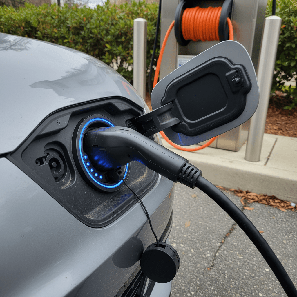 Kia EV6 charging at a DC fast charger with charge status lights illuminated near the port
