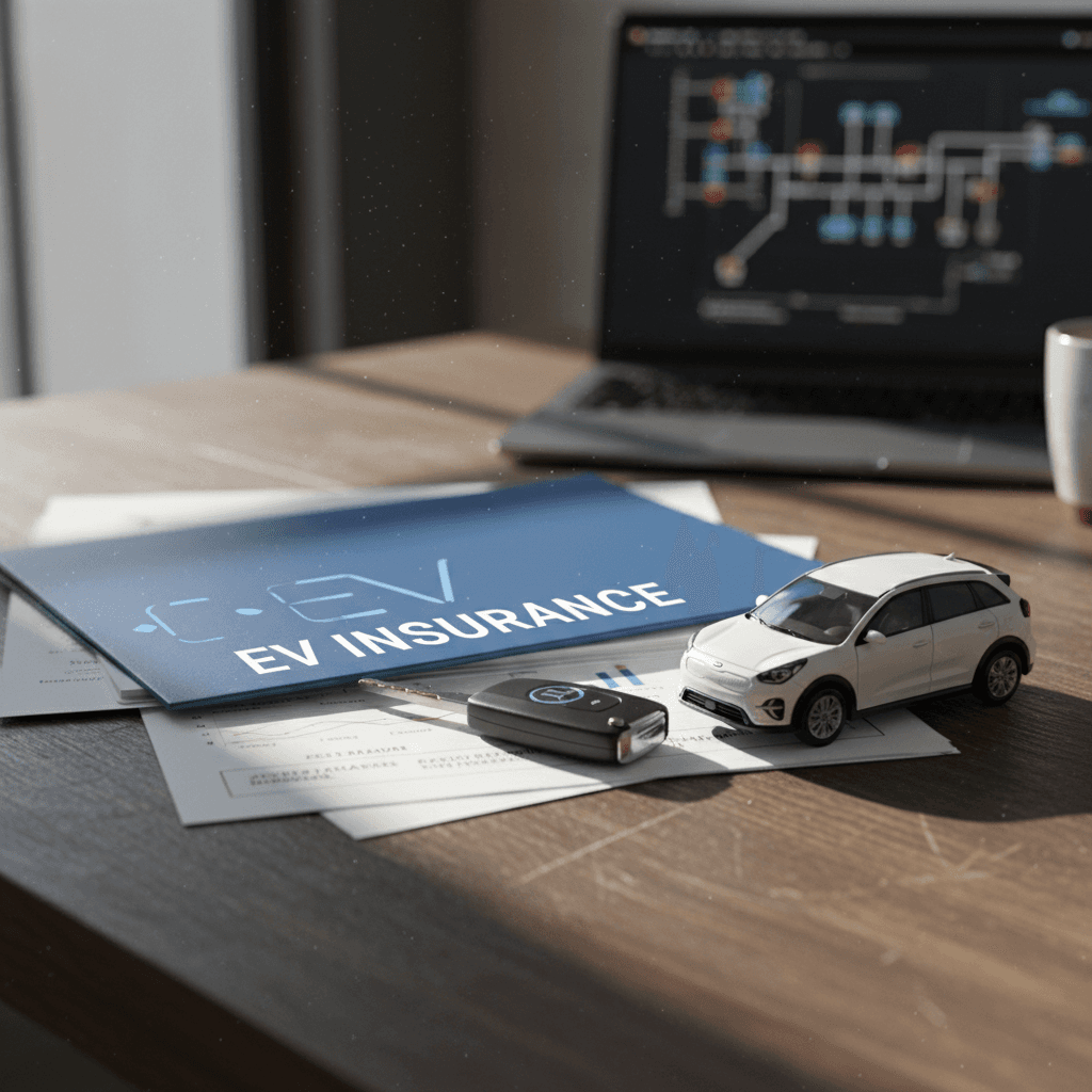 Insurance paperwork and a small Kia Niro EV model on a desk, illustrating insurance cost planning for EV owners