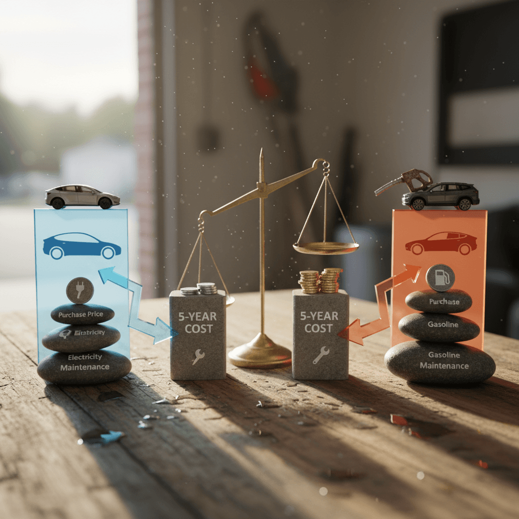 Side-by-side infographic comparing 5-year ownership costs of a Tesla Model Y and a similarly sized gas SUV.